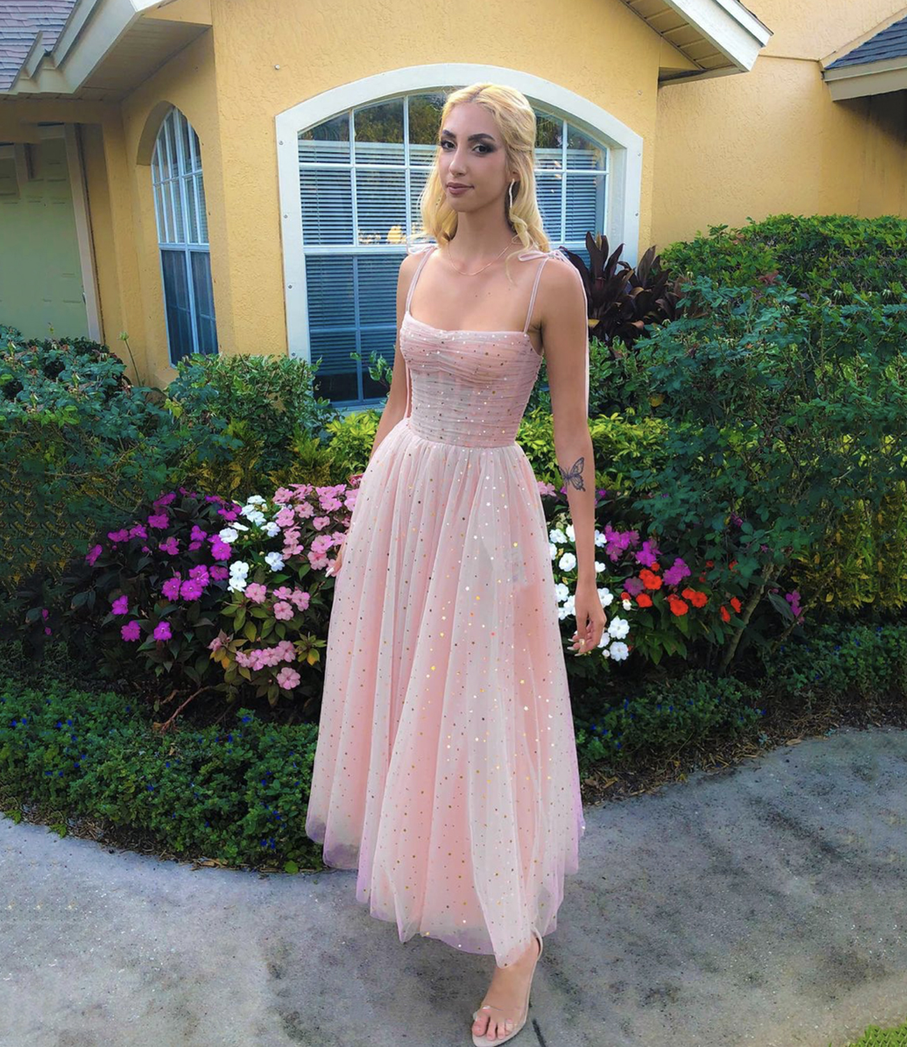 Pink tulle A line short prom dress fashion dress