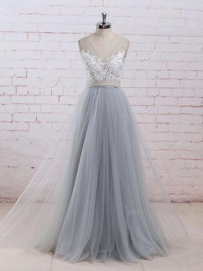 Chic A-line V-neck Light Blue Tulle Applique Modest Long Prom Dress Bridal Gowns,483
