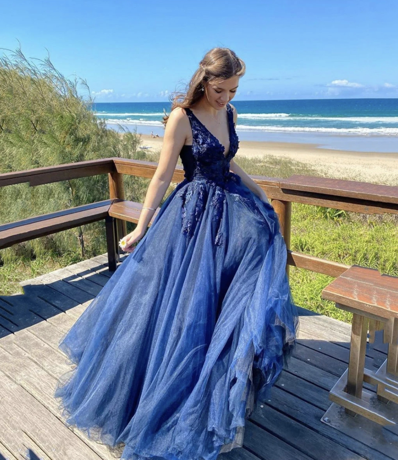 Blue v neck tulle long A line prom dress evening dress