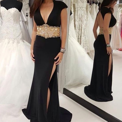 Black V Neck Prom Dresses Slit Backless