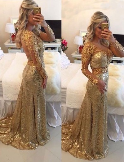 Gold V Neck Prom Dresses with Full Sleeves