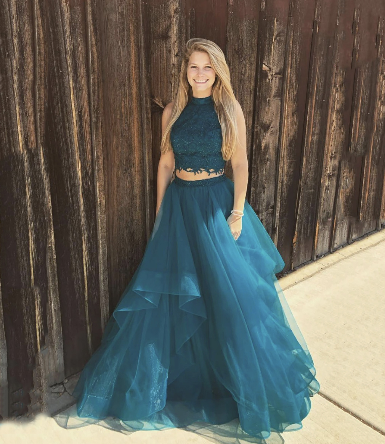 Blue tulle lace long A line prom dress evenig dress