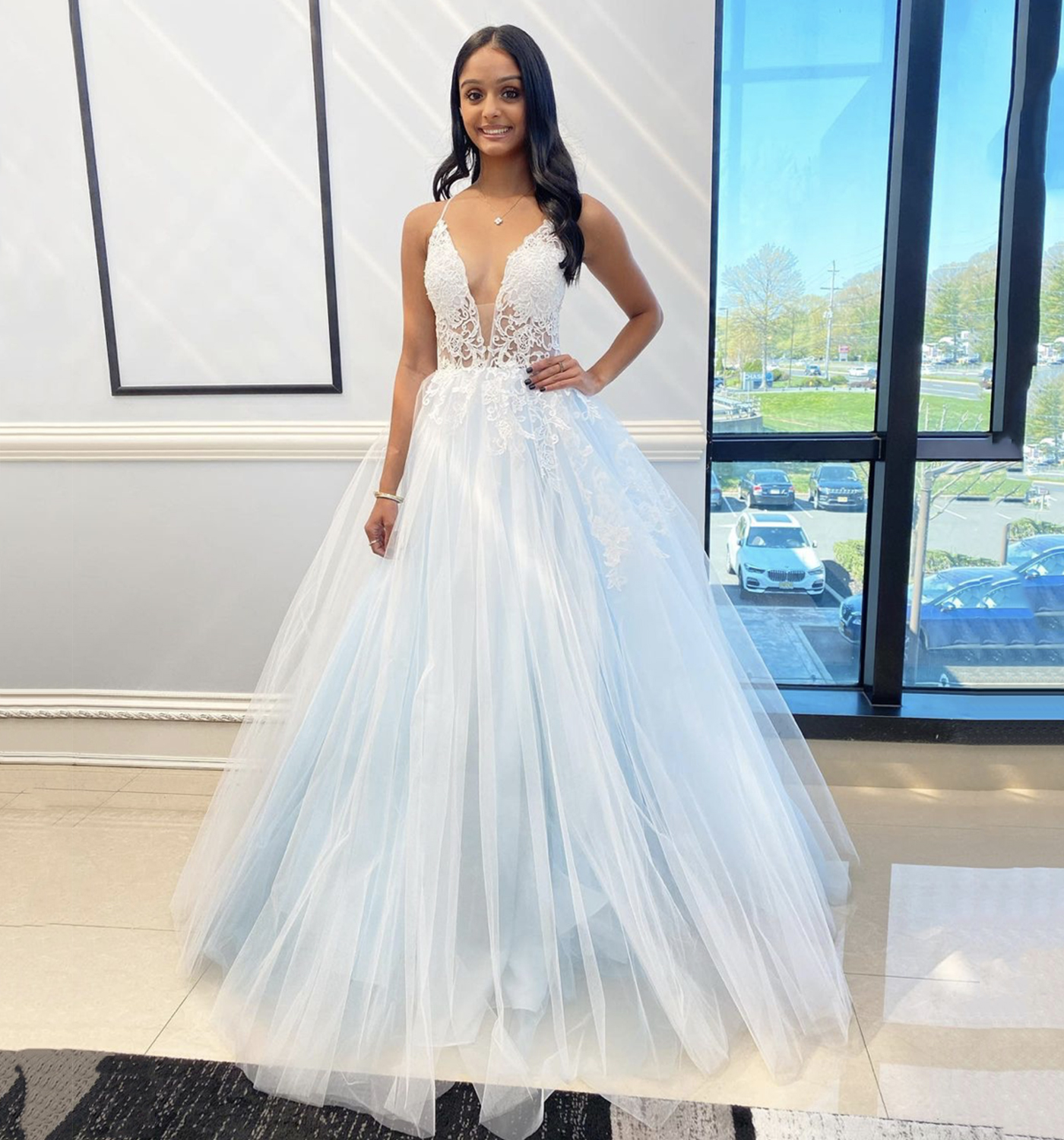 Blue v neck tulle lace long A line prom dress evening dress