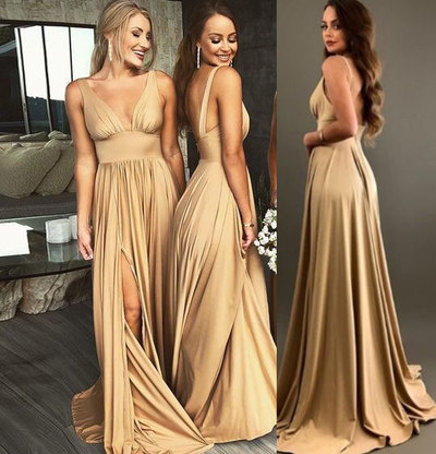 Deep V Neck Gold Bridesmaid Dresses