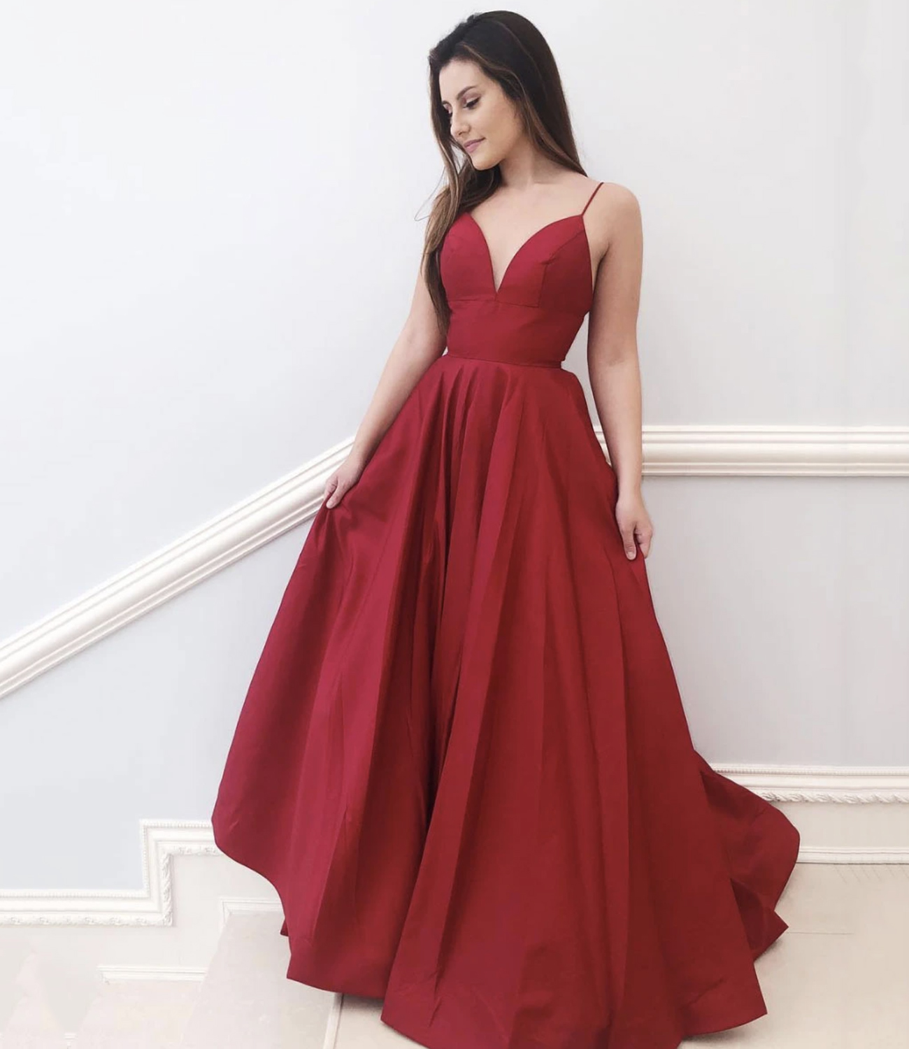 Red v neck long A line prom dress red evening dress
