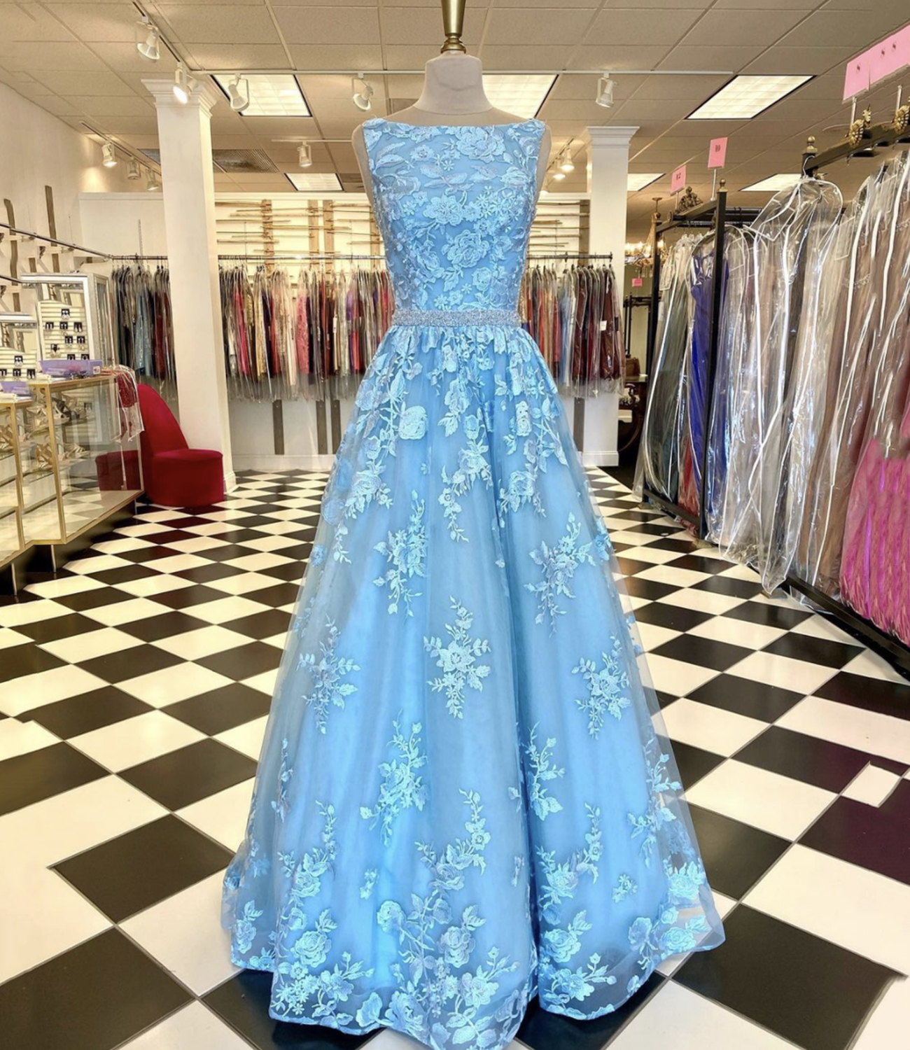 Blue lace long A line prom dress evening dress