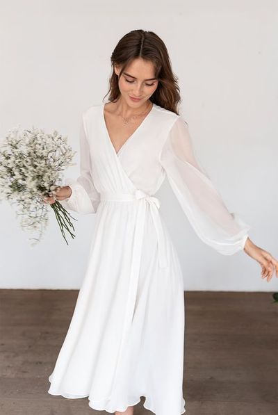 Boho A Line V Neck Chiffon Short Wedding Dress with Long Sleeves