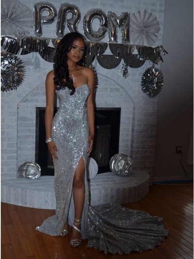 Sexy Mermaid Sweetheart Sweep Train Silver Sequined Prom Dress with Split,Backless Long Prom Dress,507