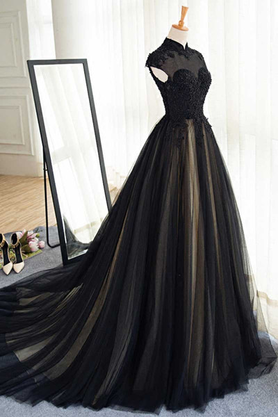 Elegant long black tulle lace long prom dress,a line formal black tulle evening dress,510