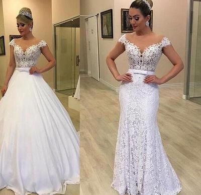 Modern Lace Sheer Scoop Neckline Mermaid Wedding Dresses With Detachable Skirt Bowknot Two Pieces Bridal Dress,997