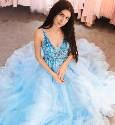 Blue v neck tulle beads long prom dress, evening dress,1001