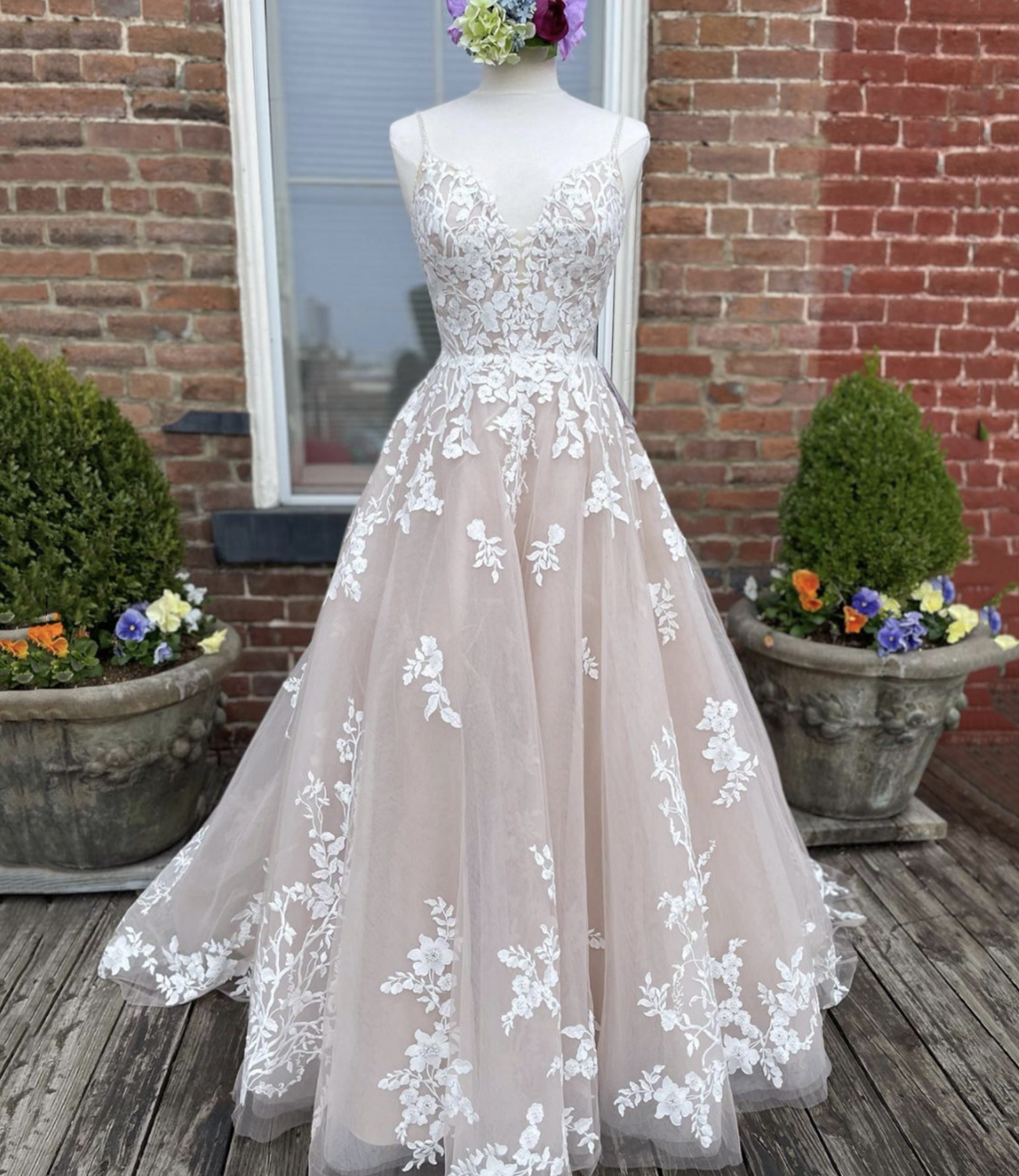 Stylish tulle lace long A line prom dress evening dress