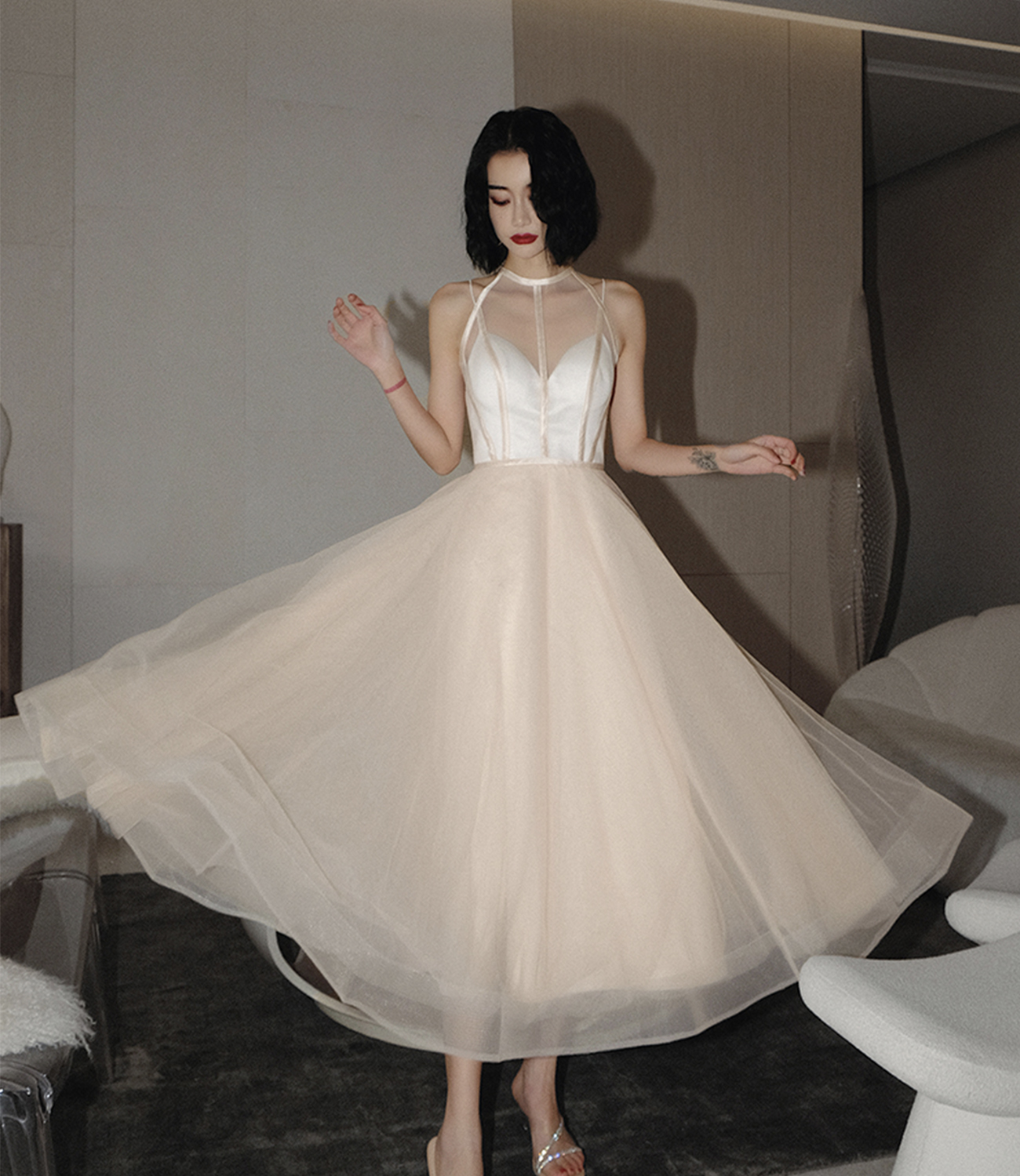 Cute tulle see through short prom dress champagne evening dress