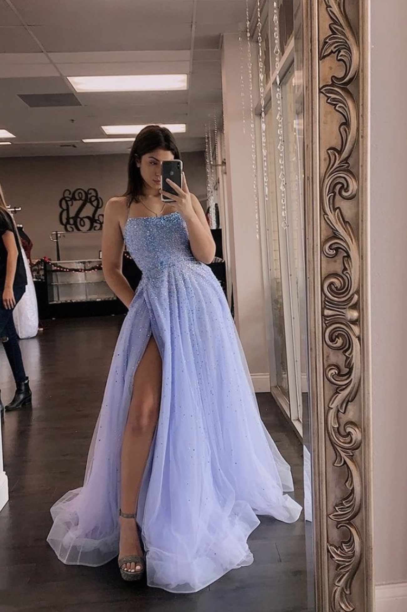 Blue tulle beads long A line prom dress evening dress
