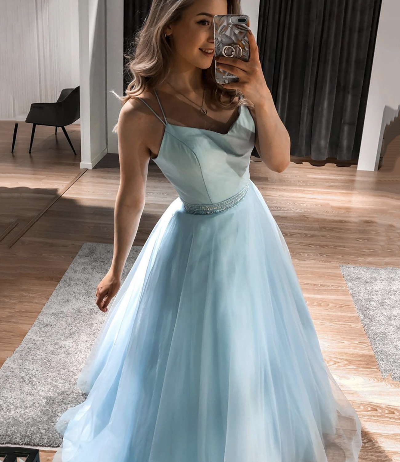 Blue satin tulle long A line prom dress evening dress