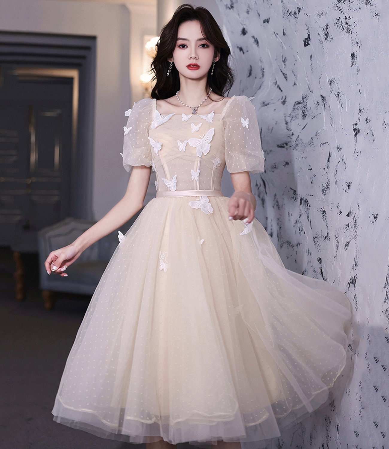 Champagne tulle short prom dress party dress