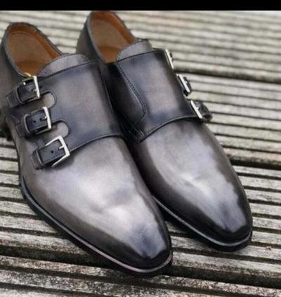Classic Men's Grey Black Triple Monk Strap Leather Shoes