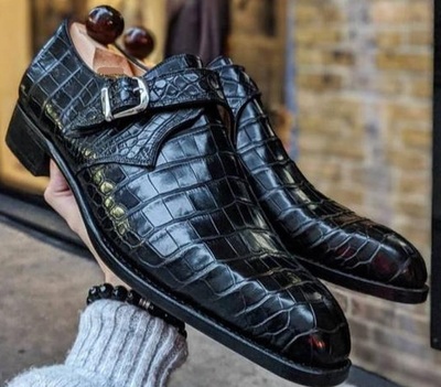 New Pure Handmade Textured Leather Black Alligator Monk Strap Shoes For Men's
