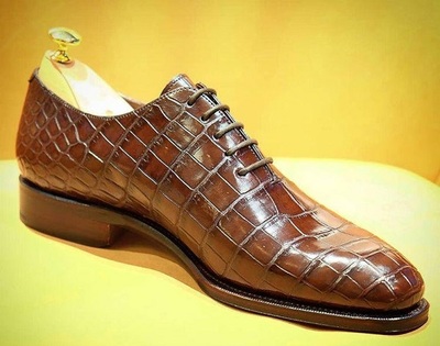 New Pure Handmade textured Leather Light Brown Alligator Stylish Lace Up Dress Shoes For Men's