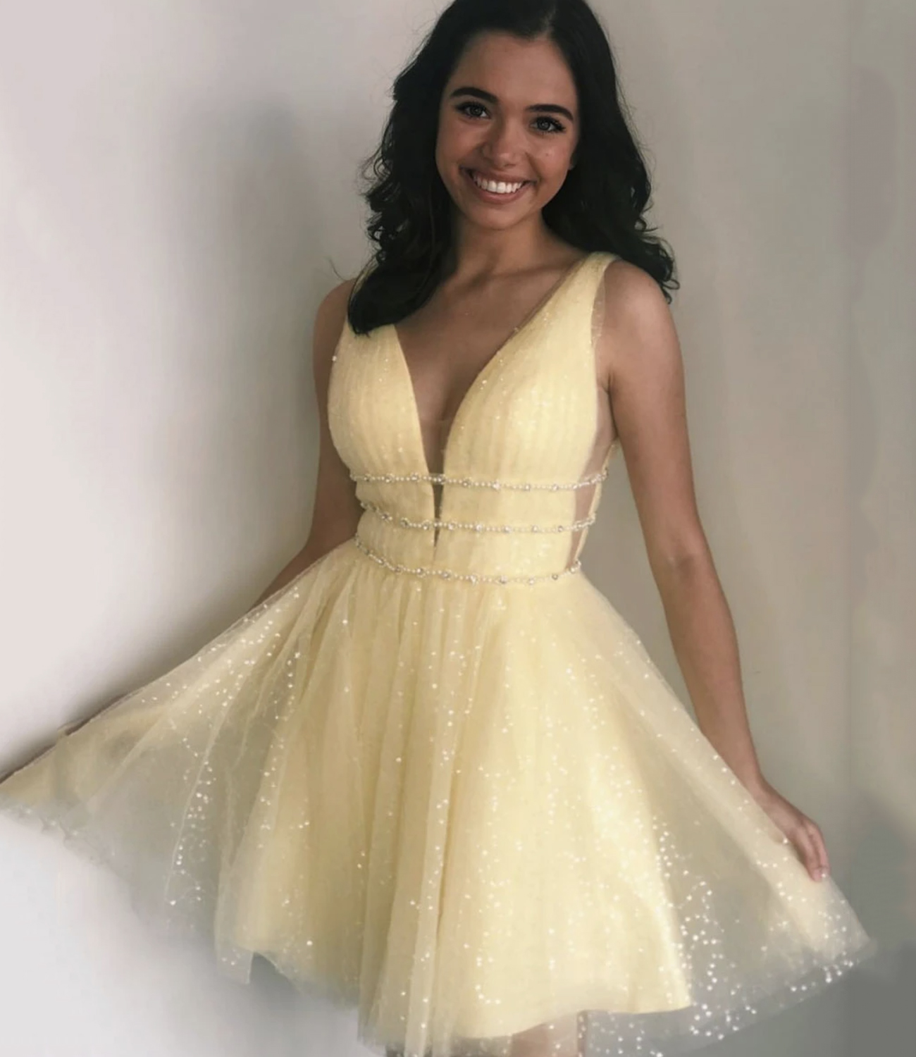 Yellow tulle short prom dress party dress