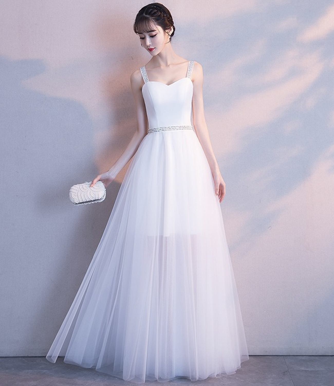White tulle long A line prom dress white evening dress