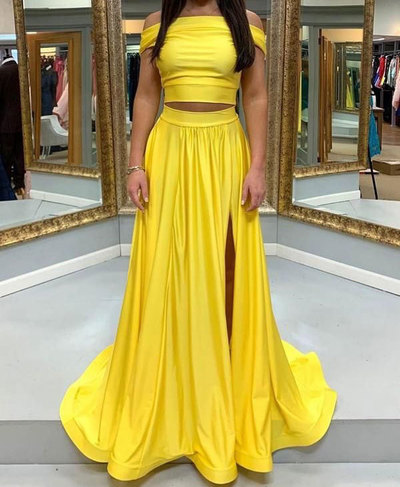 Yellow Two Piece Prom Dresses with Split