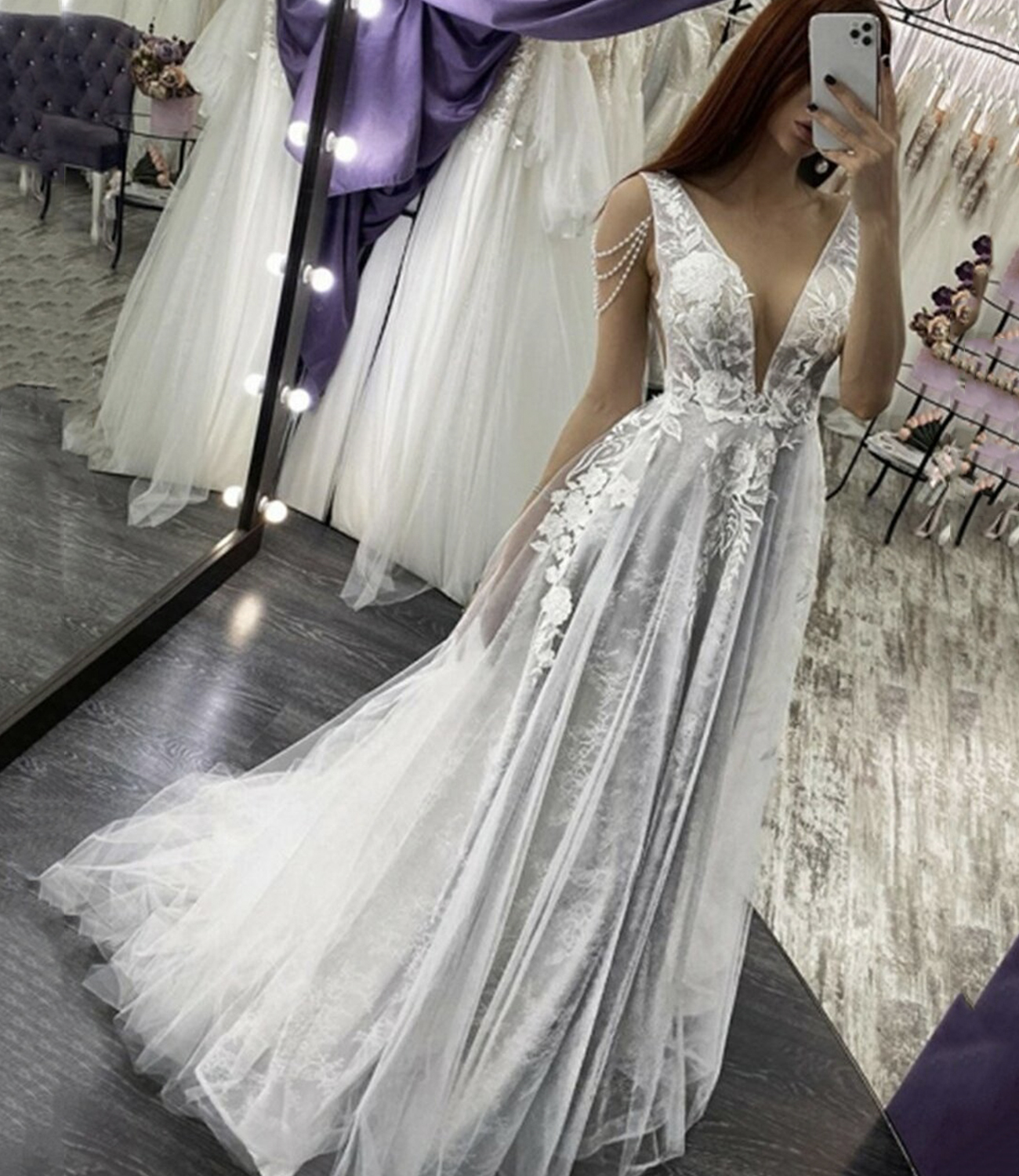 Gray tulle lace long A line prom dress evening dress