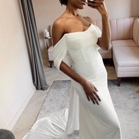 Gorgeous Mermaid White Satin Wedding Dresses with Pearls - Thumbnail 1