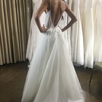 Sparkly A-Line V Neck Spaghetti Straps White Wedding Dresses - Thumbnail 1