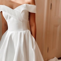 Beautiful Off the Shoulder White Satin Wedding Dresses with Pockets - Thumbnail 1