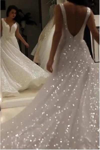 Sparkly Bridal Gowns V Neck Backless Wedding Dresses with Sequins,515