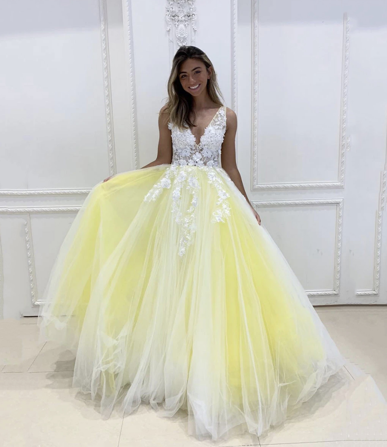 Yellow lace long A line prom dress yellow evening dress