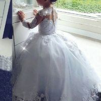 Pretty Ball Gown Long Sleeve White Tulle Lace Flower Gilr Dresses - Thumbnail 1