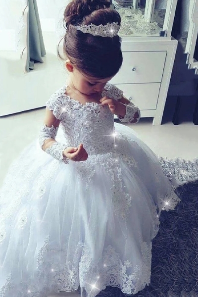 Pretty Ball Gown Long Sleeve White Tulle Lace Flower Gilr Dresses