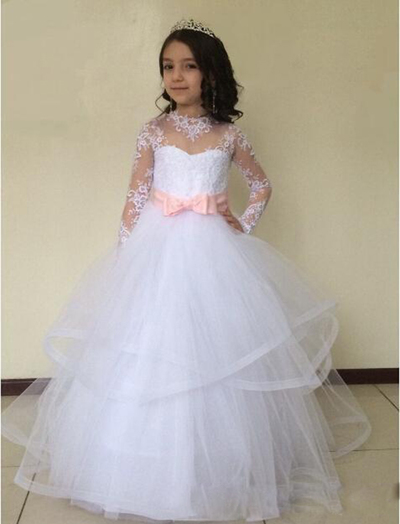 Long Sleeve Lace cute New Brithday Party Baby Little Kids Flower Girl Dress Princess Girls Pageant Dresses