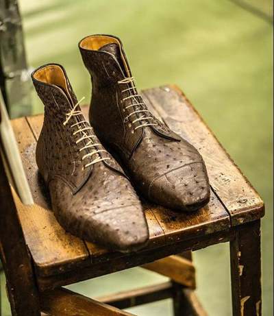 Men Handmade Pure Brown Textured Leather & Brown Ostric Brown Textured Leather & Brown Ostrich Leather Ankle Boots for Men's