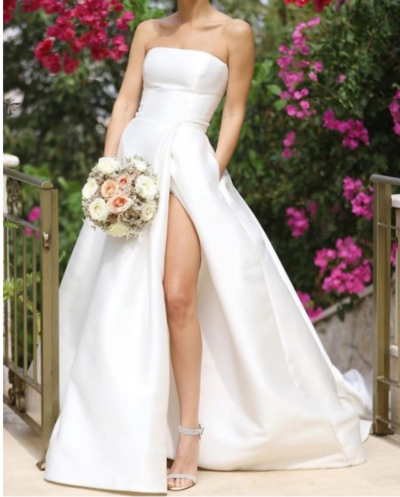 Satin Strapless Leg Slit Wedding Gown with Pockets,1005