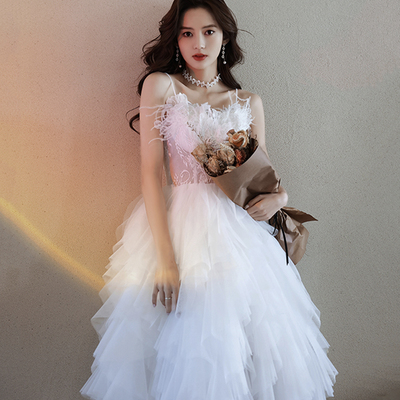 White tulle lace short prom dress party dress - Thumbnail 3