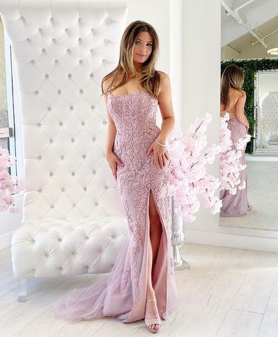 Mermaid Spaghetti Straps Lace Long Prom Dresses with Split Front