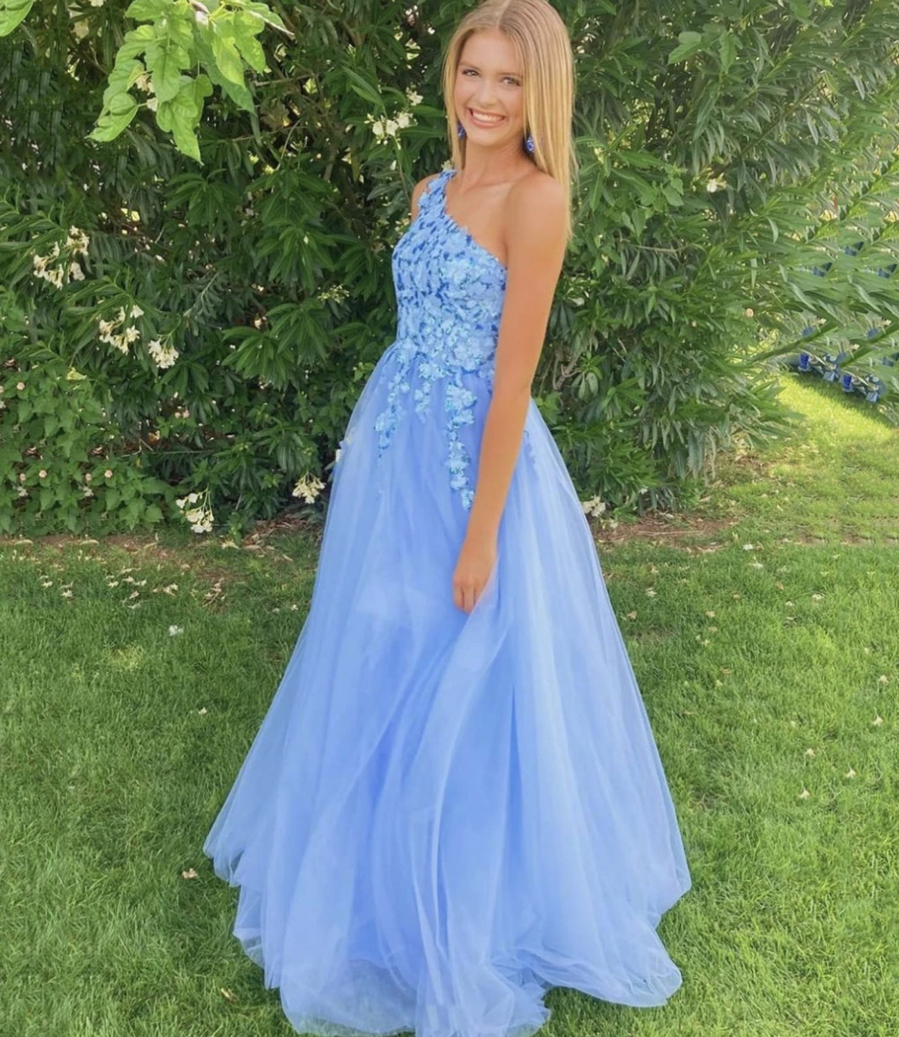 Blue lace sequins long A line prom dress evening dress