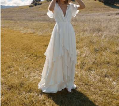 Ivory Chiffon V neck Beach Wedding Dress,Trumpet Sleeves Ruffles Bridal Gowns,1028