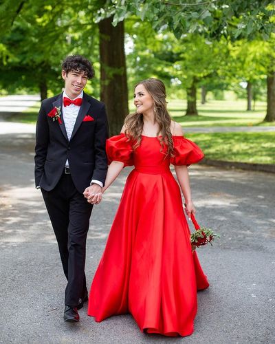 New Arrival Two Piece Red Off the Shoulder Satin Prom Evening Dresses with Pockets