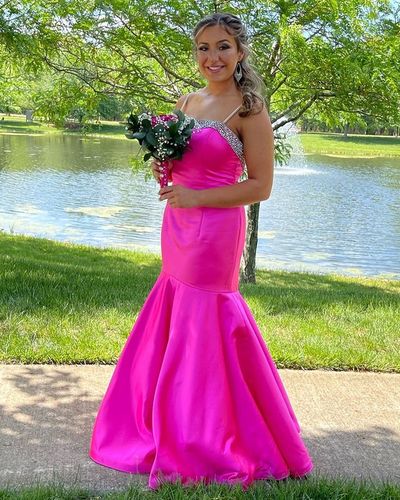 Stunning Mermaid Hot Pink Long Prom Evening Dresses with Beading