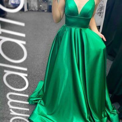 Simple a-line v neck high quality satin long prom evening dresses - Thumbnail 4