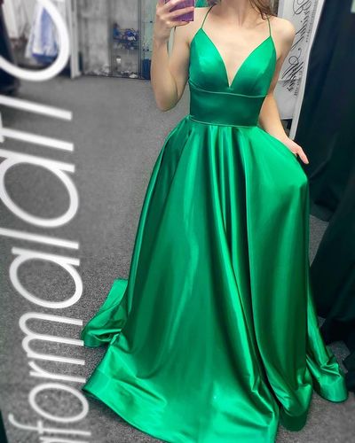 Simple A-Line V Neck High Quality Satin Long Prom Evening Dresses