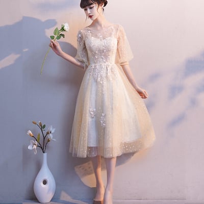 Champagne tulle lace short a line prom dress - Thumbnail 5