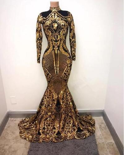 Gold And Black Long Sleeves Mermaid Black Girl Prom Dresses 2020 Elegant High Neck African Formal Evening Gowns Graduation Dress,,345