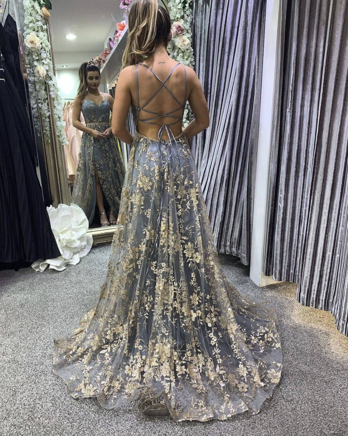 Gray tulle lace long A line prom dress evening dress