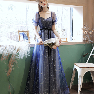 Blue tulle long a line prom dress blue evening dress - Thumbnail 3
