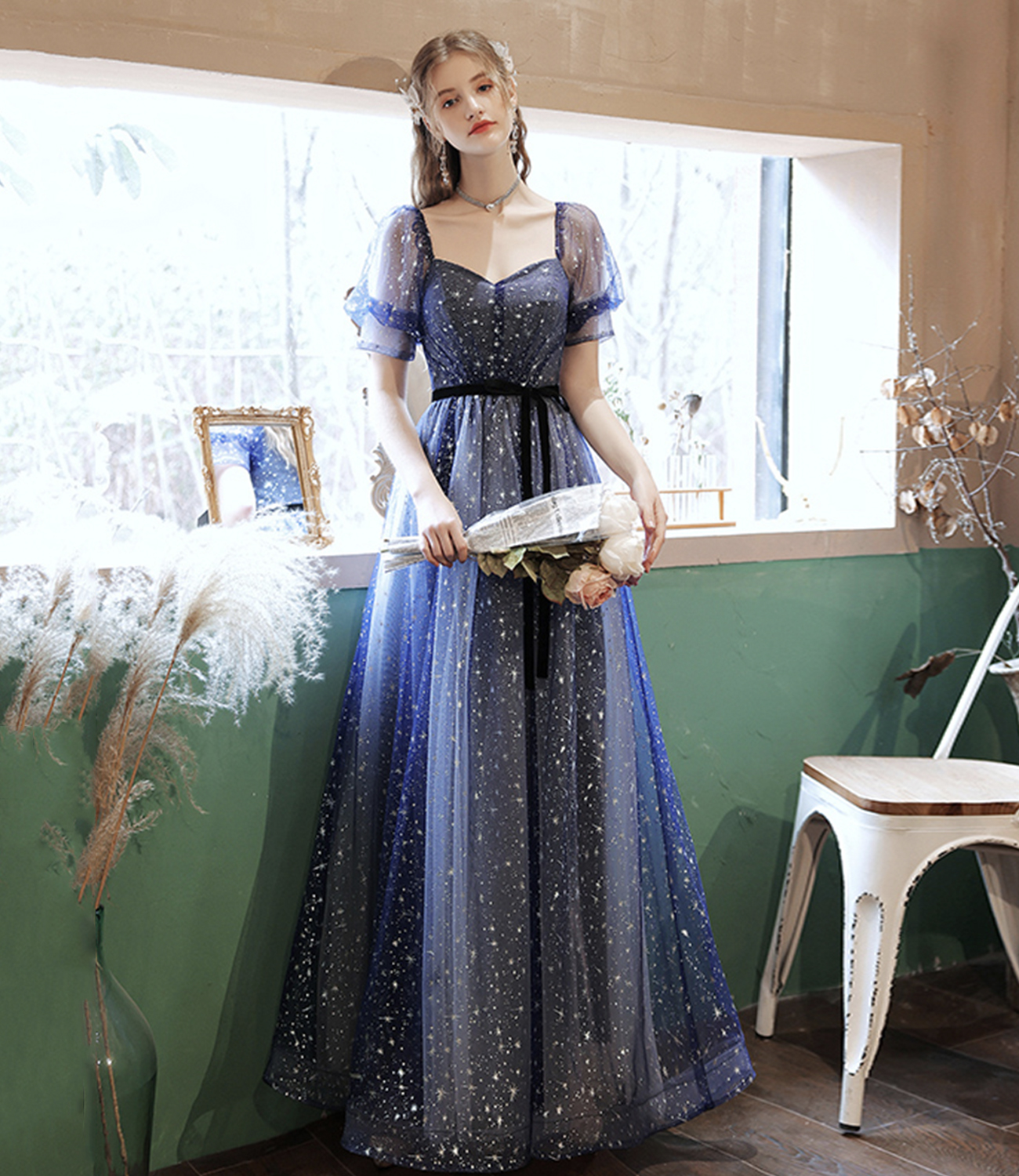 Blue tulle long A line prom dress blue evening dress